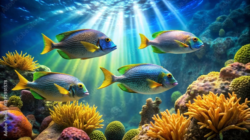 Fototapeta premium Vibrant Reef Scene Featuring Four Colorful Fish Swimming Amongst Lush Coral and Sunlit Waters