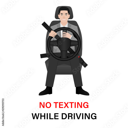 A Man Using Phone Texting Message While Driving a Car. Do Not Use Phone While Driving. Careless and Dangerous Driving Behavior. Vector Illustration. 