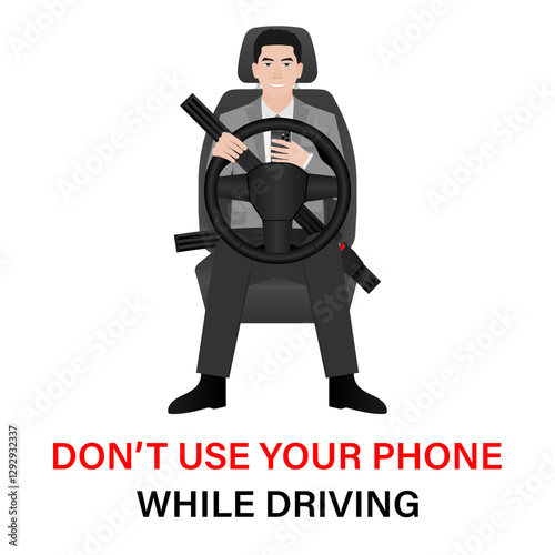 A Man Using Phone Texting Message While Driving a Car. Do Not Use Phone While Driving. Careless and Dangerous Driving Behavior. Vector Illustration. 