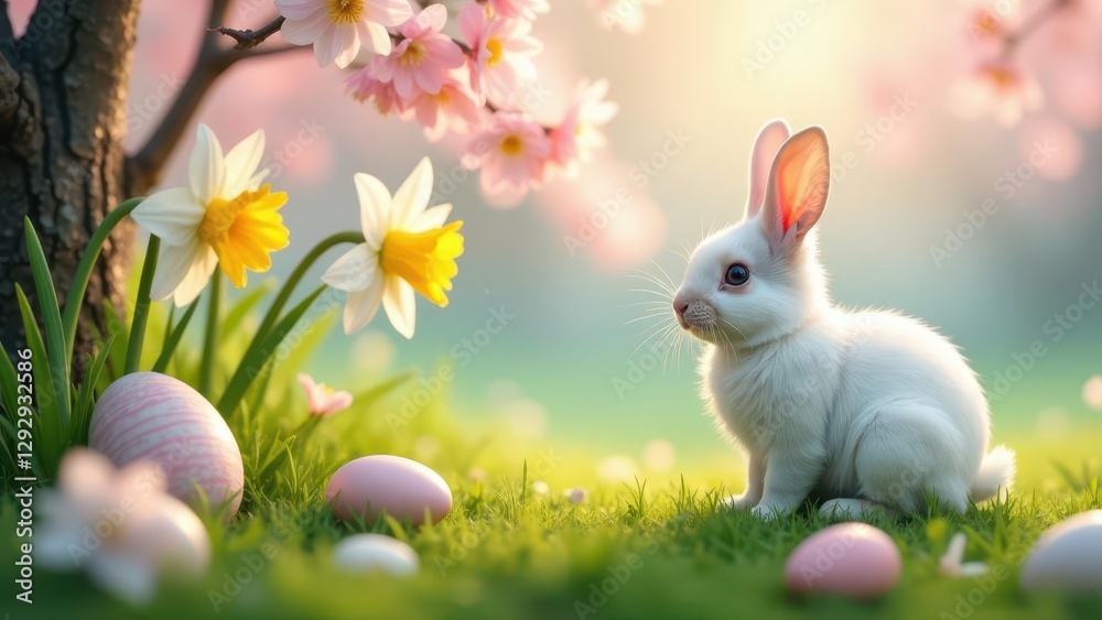 Fototapeta premium A fluffy white bunny sits amidst springtime blooms and pastel-colored eggs, a delightful scene of seasonal joy and vibrant nature