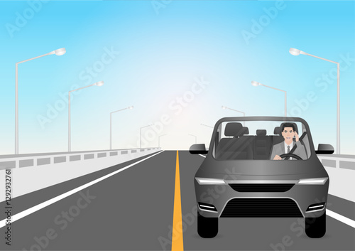 A Man Calling on Phone While Driving a Car. Do Not Use Phone While Driving. Careless and Dangerous Driving Behavior. Vector Illustration. 