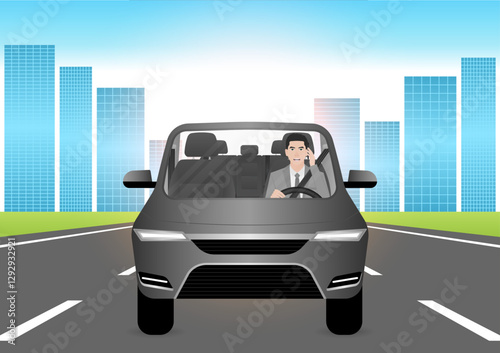 A Man Calling on Phone While Driving a Car. Do Not Use Phone While Driving. Careless and Dangerous Driving Behavior. Vector Illustration. 