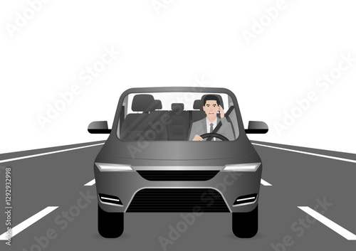 A Man Calling on Phone While Driving a Car. Do Not Use Phone While Driving. Careless and Dangerous Driving Behavior. Vector Illustration. 