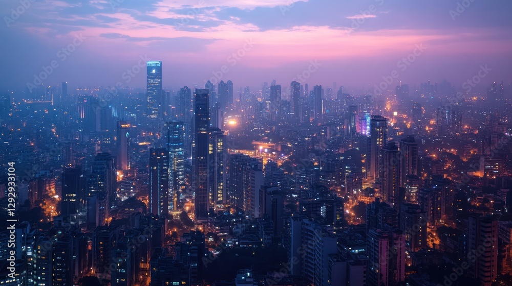 Fototapeta premium Cityscape twilight aerial view, hazy sunset, urban sprawl, night lights, design