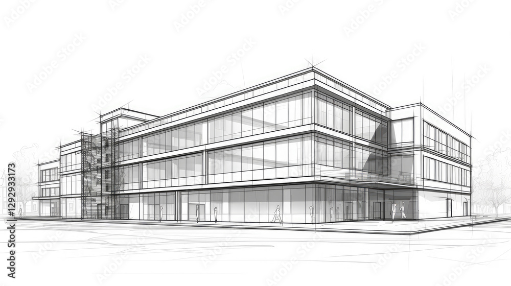 Building sketch design showcasing modern architecture with multiple levels and large windows in a serene outdoor setting Building sketch design showcasing modern architecture with multiple levels and large windows in a serene outdoor setting
