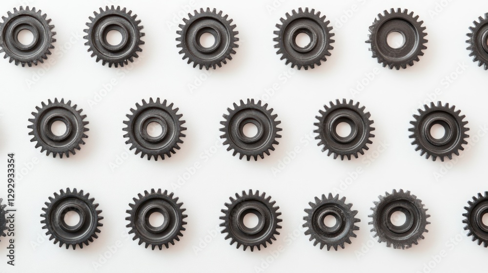 Black gears arranged in rows on a white background. Black gears arranged in rows on a white background.