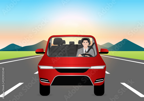 A Man Using Phone Texting Message While Driving a Car. Do Not Use Phone While Driving. Careless and Dangerous Driving Behavior. Vector Illustration. 