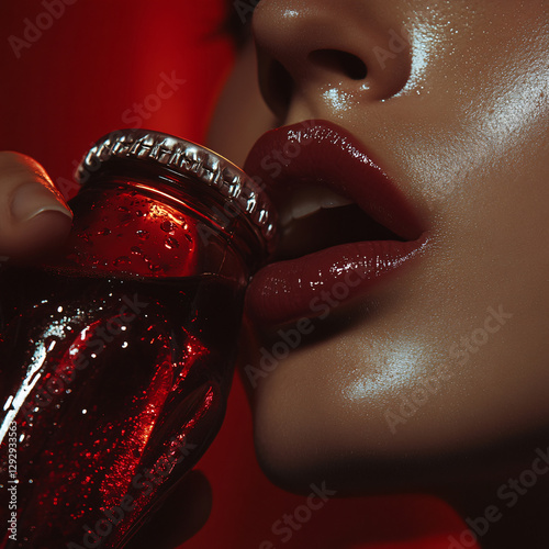 Close up female lips water bottle glossy skin cinematic lighting hydration macro photography moisture texture sensual glow beauty detail aesthetic artistic soda glass beer drink hot cola soft wet