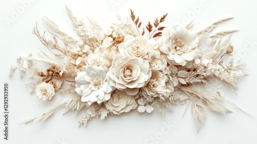 Cream floral arrangement, flatlay, white background, wedding decor