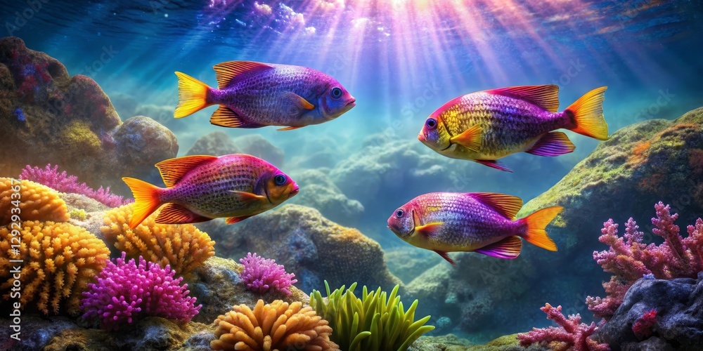 Naklejka premium Vibrant Reef Fish Swimming in Sunlit Coral Garden Depicting Underwater Serenity and Colorful Marine Life