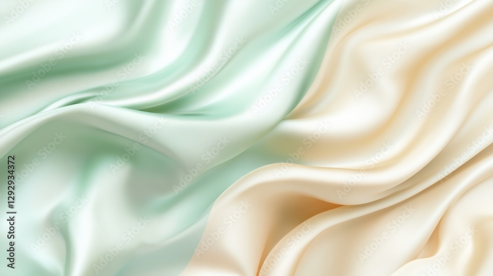 Obraz premium Ethereal Silk: A mesmerizing interplay of light and shadow dances across the delicate folds of two silken fabrics, rendered in soft, inviting hues of pastel green and cream.