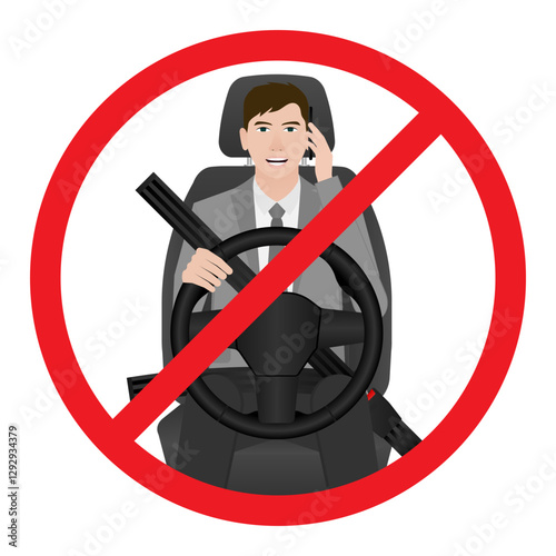 A Man Calling on Phone While Driving a Car. Do Not Use Phone While Driving. Careless and Dangerous Driving Behavior. Vector Illustration. 