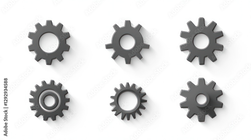 Six grey gear icons with drop shadows. Six grey gear icons with drop shadows.