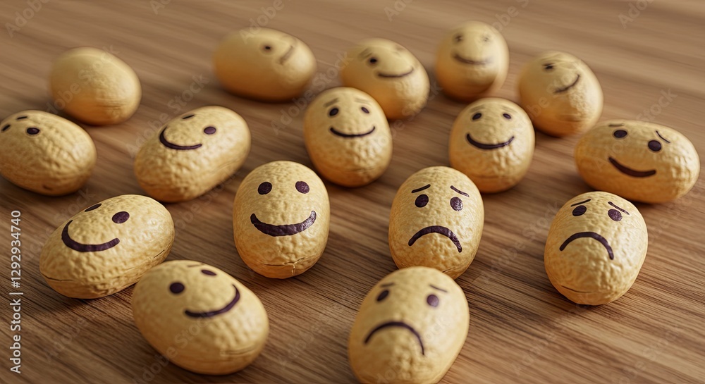 Peanuts with Faces Showing Happy and Sad Emotions on a Wooden Surface Peanuts with Faces Showing Happy and Sad Emotions on a Wooden Surface