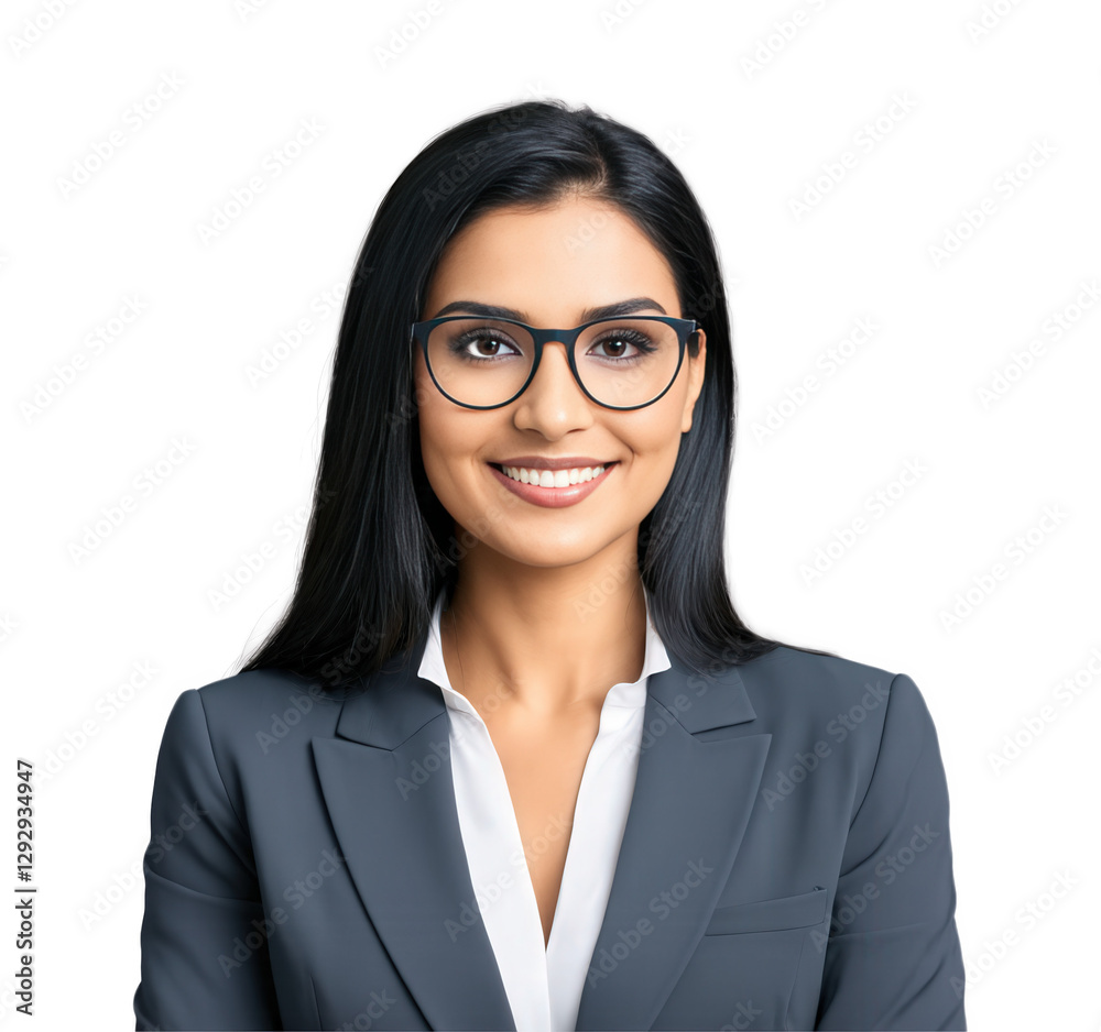 Portrait of a smiling South Asian woman with long black hair and eyeglasses, wearing a dark gray business suit Portrait of a smiling South Asian woman with long black hair and eyeglasses, wearing a dark gray business suit