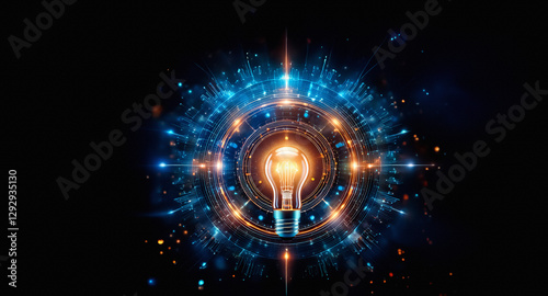 A glowing lightbulb is encircled by vibrant blue and orange energy rings and particles against a dark backdrop, radiating illumination and innovation.