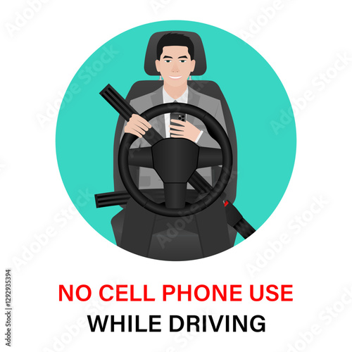 A Man Using Phone Texting Message While Driving a Car. Do Not Use Phone While Driving. Careless and Dangerous Driving Behavior. Vector Illustration. 