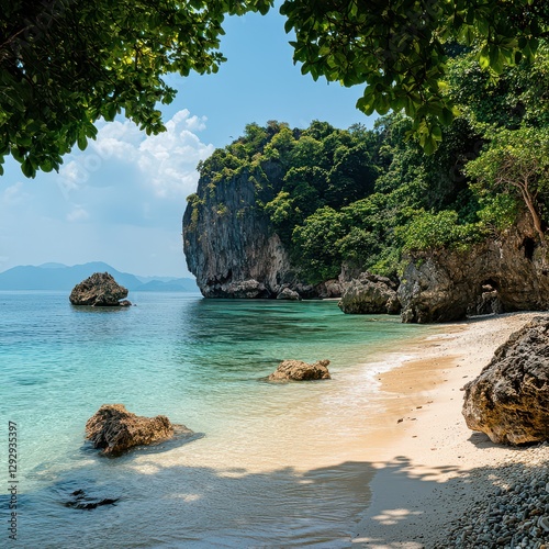 A Thai beach with a rocky outcrop and calm waters, perfect for snorkeling or swimming with tropical fish.