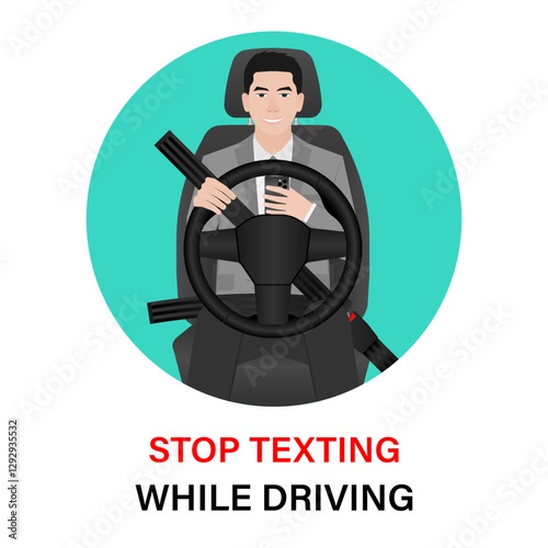 A Man Using Phone Texting Message While Driving a Car. Do Not Use Phone While Driving. Careless and Dangerous Driving Behavior. Vector Illustration. 