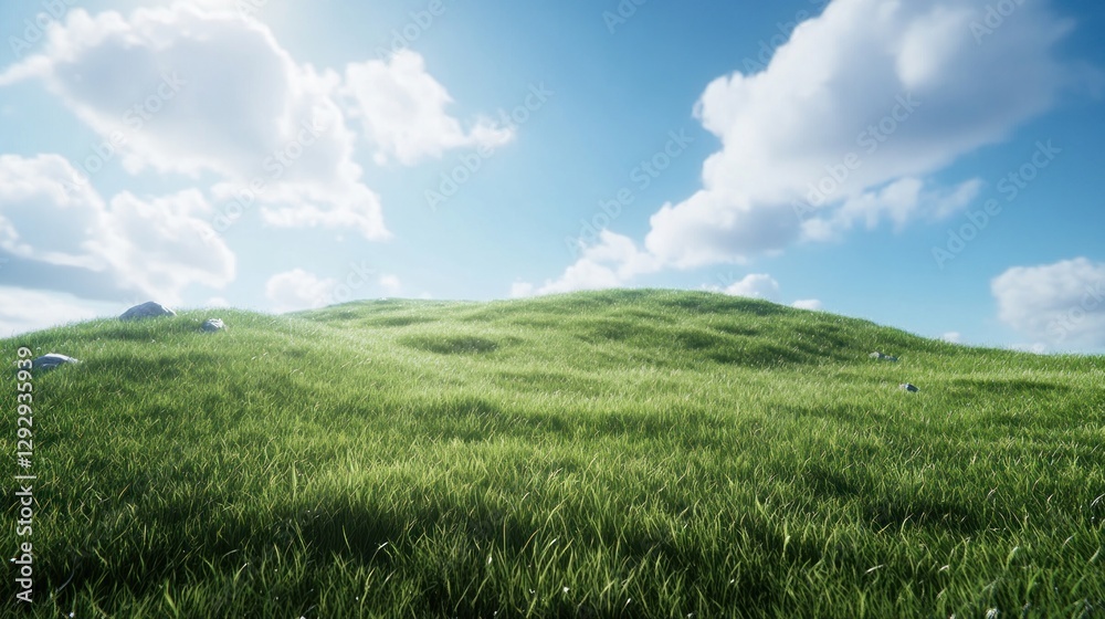 Sunny day, rolling green hills, blue sky, clouds, nature landscape, idyllic scene Sunny day, rolling green hills, blue sky, clouds, nature landscape, idyllic scene