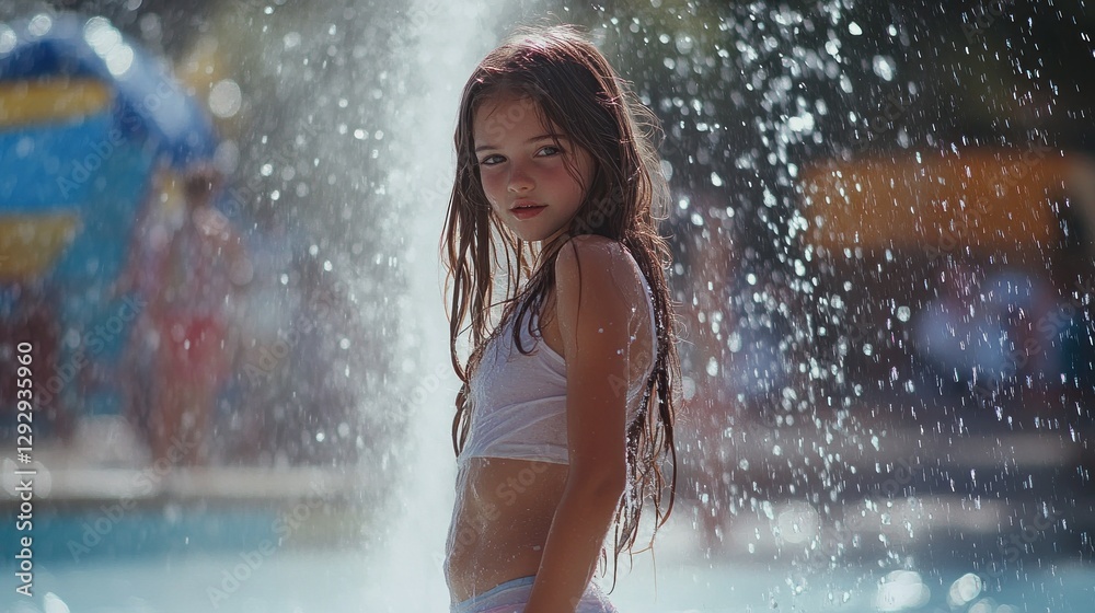Obraz premium Girl, fountain, park, summer, water, playful, sunlight, family, fun, splash