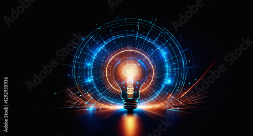 Glowing lightbulb surrounded by blue digital circles radiates energy on a dark backdrop, embodying innovation, technology, and bright conceptual ideas.