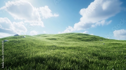 Sunny day, rolling green hills, blue sky, clouds, nature landscape, idyllic scene