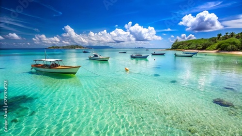 Serene Tropical Bay with Boats Anchored in Crystal-Clear Water Under a Vivid Blue Sky