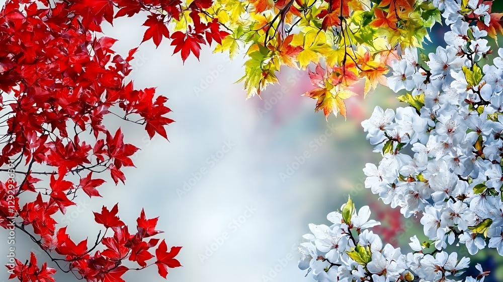 Vibrant Red Maple and White Cherry Blossom Branches on Soft Blurred Background Vibrant Red Maple and White Cherry Blossom Branches on Soft Blurred Background