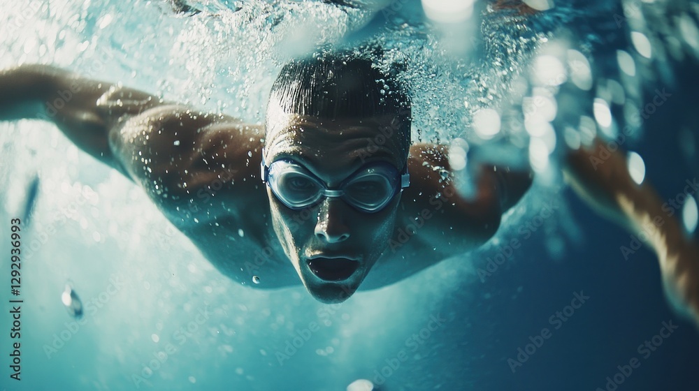 Fototapeta premium Underwater swimmer, pool, bubbles, sunlight, fitness, competition, training, action shot, health