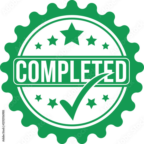 green completed badge, finished seal icon, task done checkmark