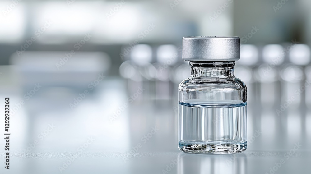 Clear vial on lab table, medical research Clear vial on lab table, medical research