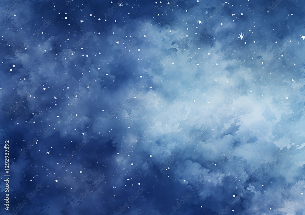 Fototapeta premium The artwork showcases a tranquil night sky with varying shades of blue and white. Stars twinkle gently among the fluffy clouds, creating a peaceful and dreamy atmosphere