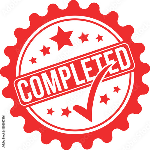 red completed badge, finished seal icon, task done checkmark