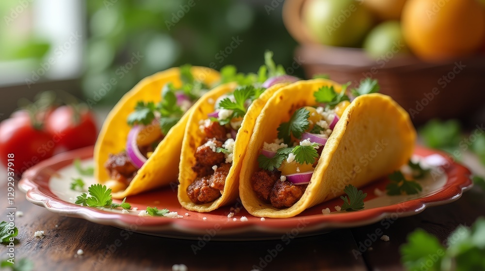 Three tacos with seasoned meat, red onion, cilantro, and cheese on a rustic plate, served on a wooden table with fresh ingredients in background Three tacos with seasoned meat, red onion, cilantro, and cheese on a rustic plate, served on a wooden table with fresh ingredients in background