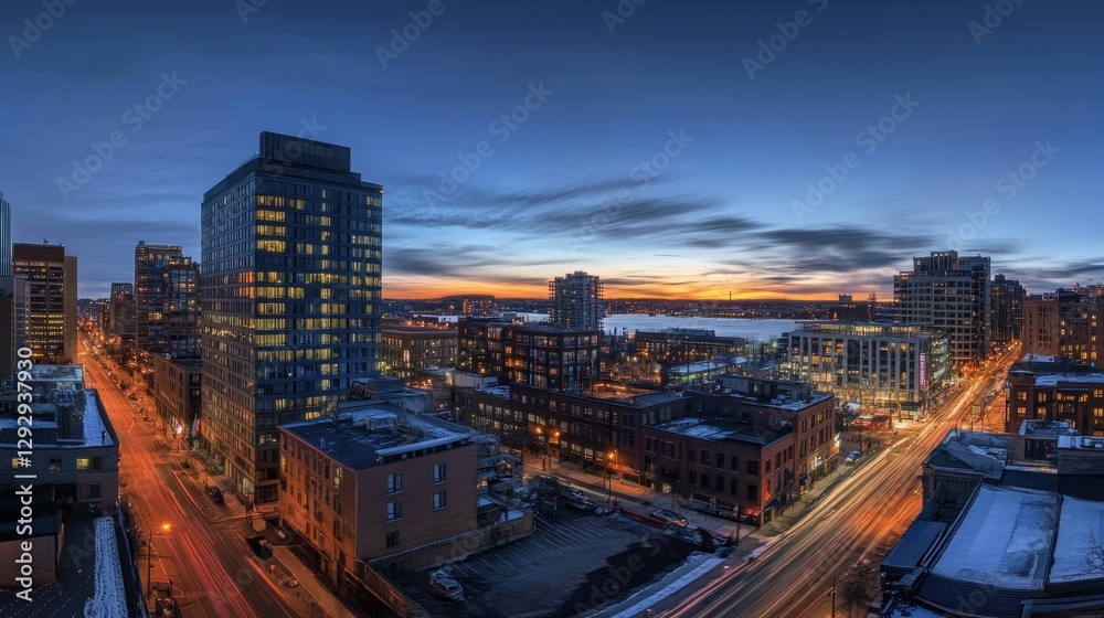 Fototapeta premium Cityscape twilight panorama, winter streets, sunset harbor view, urban development