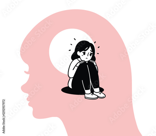 Minimalist illustration of a woman's head silhouette with a smaller figure of a sad girl sitting inside, hugging her knees. The image symbolizes anxiety, depression, overthinking, and mental health