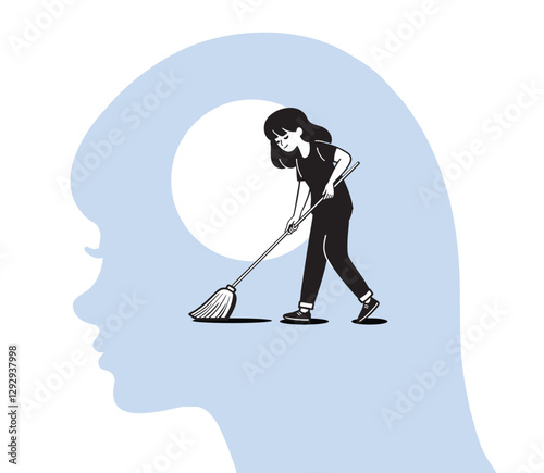 Minimalist illustration of a woman’s head silhouette with a girl inside sweeping the floor. The image symbolizes clearing the mind, self-care, personal growth, mental clarity, and emotional well-being