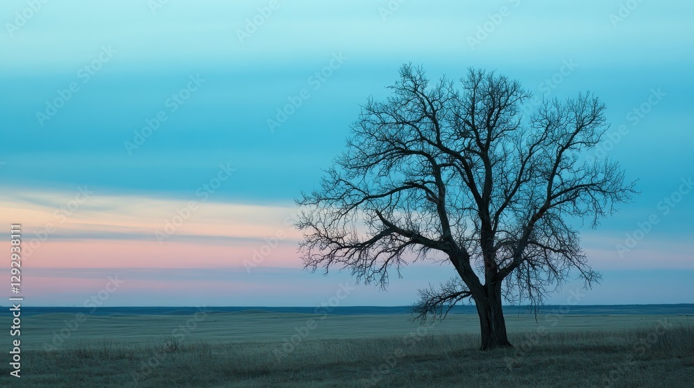 Serene Landscape with Lone Tree Against Soft Sunset Sky Serene Landscape with Lone Tree Against Soft Sunset Sky