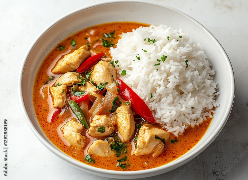 Delicious Homemade Thai Red Chicken Curry with Fluffy White Rice Delicious Homemade Thai Red Chicken Curry with Fluffy White Rice