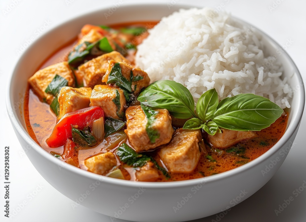 Delicious Thai Red Chicken Curry with Steamed Rice and Fresh Basil
