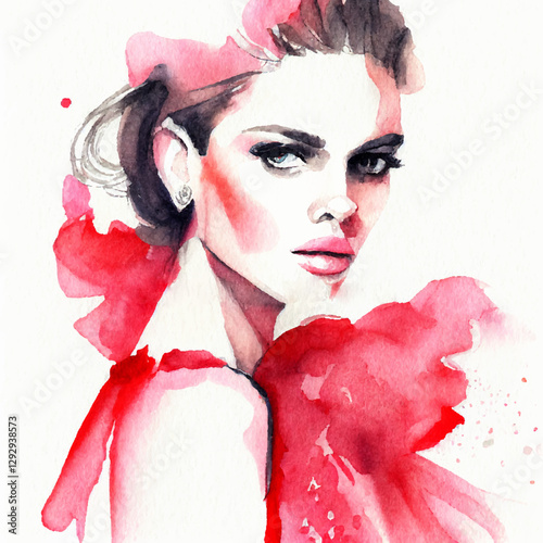 Brunette woman wearing red dress watercolor vector illustration, fashion style lady art on white background, beautiful glamour model girl