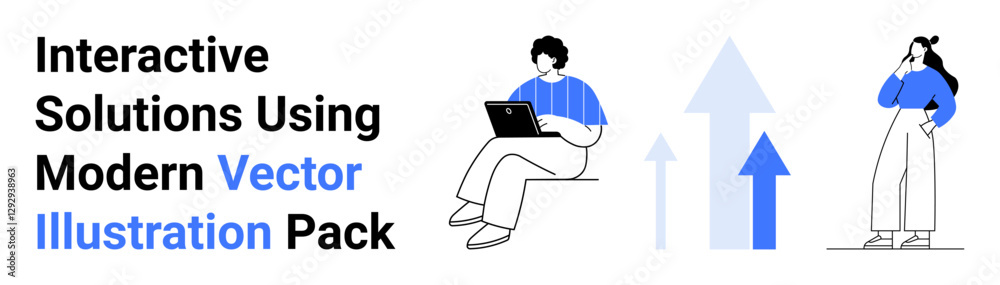 Man working on laptop, woman analyzing trends, upward arrows representing growth. Ideal for teamwork, business, technology, innovation, analysis education marketing. Perfect flat landing page Man working on laptop, woman analyzing trends, upward arrows representing growth. Ideal for teamwork, business, technology, innovation, analysis education marketing. Perfect flat landing page