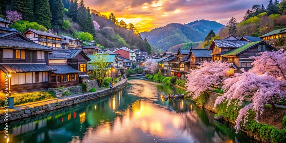 Fototapeta premium Anime Style Village Beside Serene River: Charming Houses & Lush Greenery