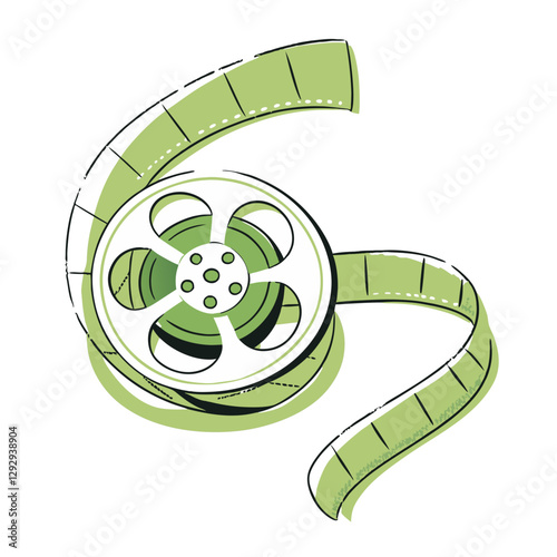 Vector illustration of a film reel with unwinding filmstrip, symbolizing cinema, filmmaking, and entertainment. Classic and nostalgic design.