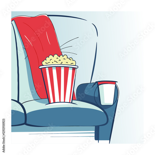 Vector illustration of a cozy movie theater seat with popcorn and a drink, symbolizing cinema, entertainment, and relaxation. Simple and nostalgic design.