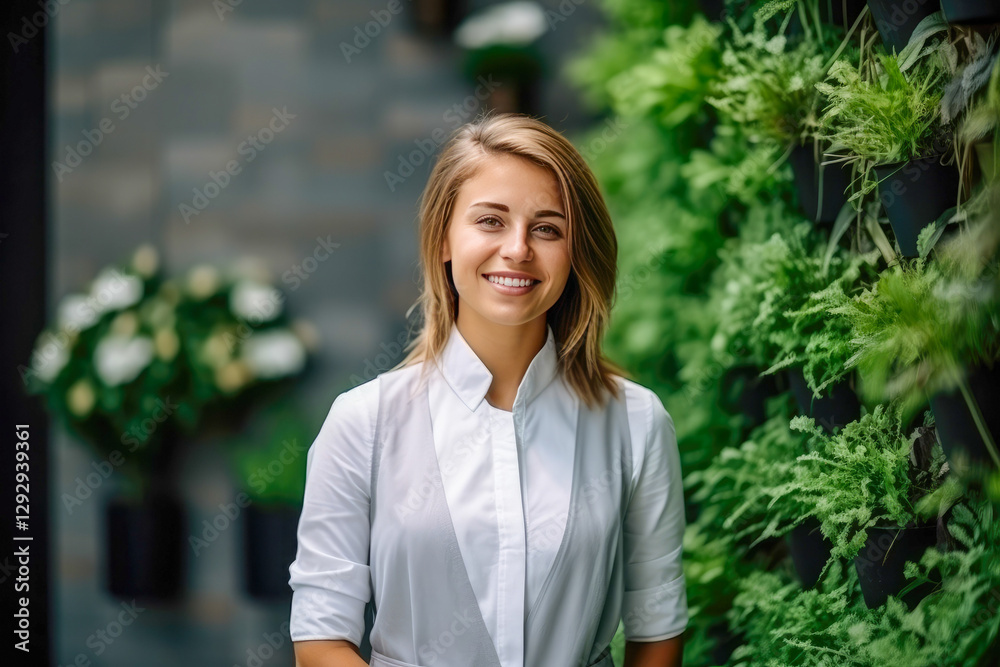 Florist standing confidently in a vibrant shop filled with lush greenery and fresh flowers during daylight hours Florist standing confidently in a vibrant shop filled with lush greenery and fresh flowers during daylight hours
