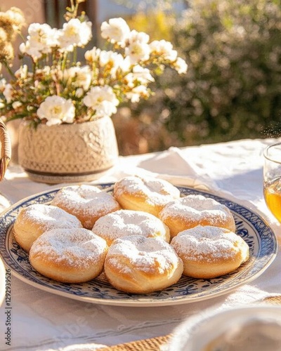 Delicious powdered sugar donuts bright outdoor table setting food cozy environment close-up view sweet treats