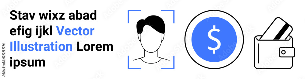 User avatar inside identification frame, currency symbol in blue circle, credit card in leather wallet. Ideal for fintech, digital payments, online transactions, cybersecurity, electronic wallets User avatar inside identification frame, currency symbol in blue circle, credit card in leather wallet. Ideal for fintech, digital payments, online transactions, cybersecurity, electronic wallets