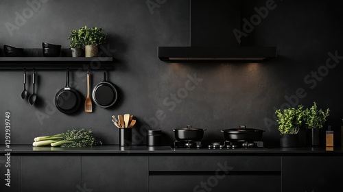 Dark kitchen, cooking utensils, herbs, minimalist design, interior
